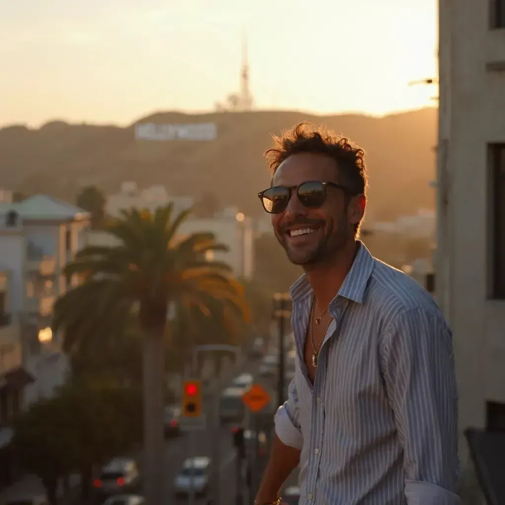 ️ hombre sonriendo en Los Ángeles con el letrero de Hollywood de fondo