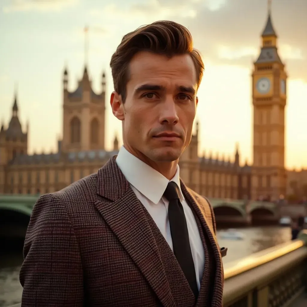  hombre elegante y a la moda en Londres con un traje de cuadros, Big Ben al fondo