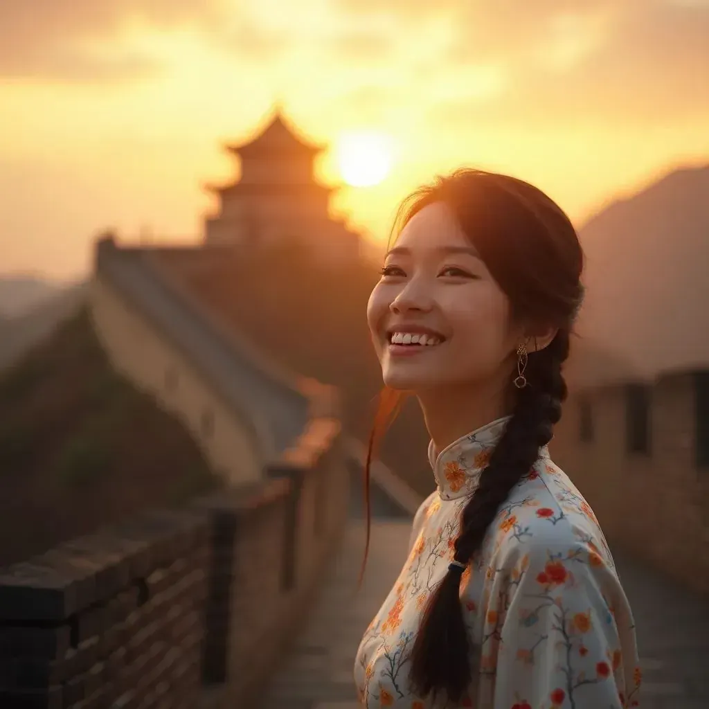 ️ mujer sonriendo en Pekín con la Gran Muralla de fondo