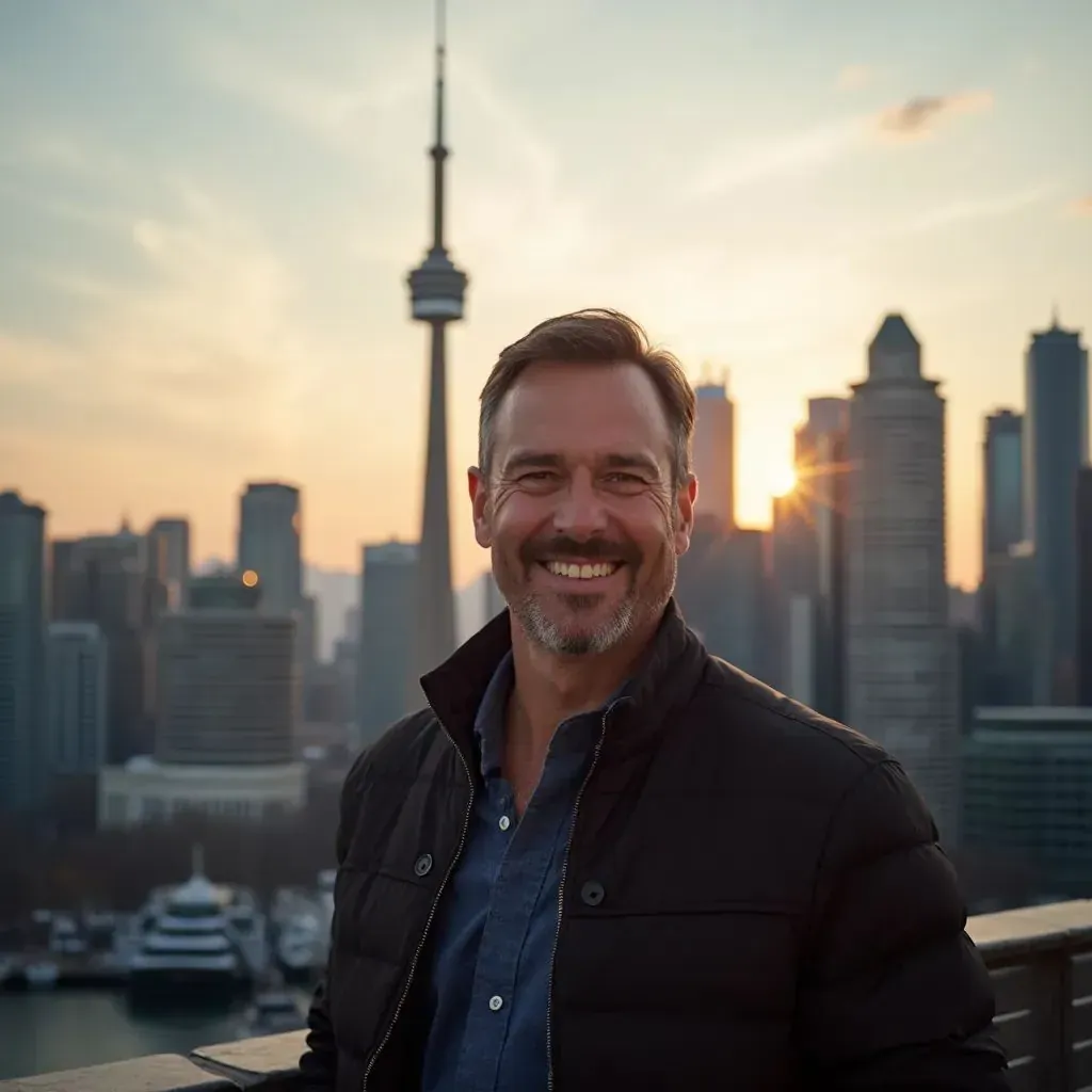 ️ hombre sonriendo en Toronto con la Torre CN de fondo