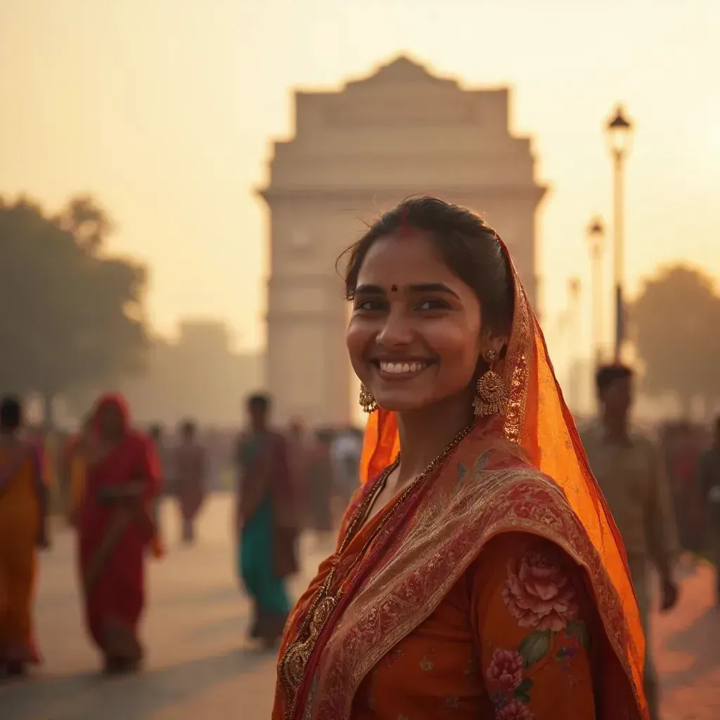 ️ mujer sonriendo en Delhi con la Puerta de la India de fondo