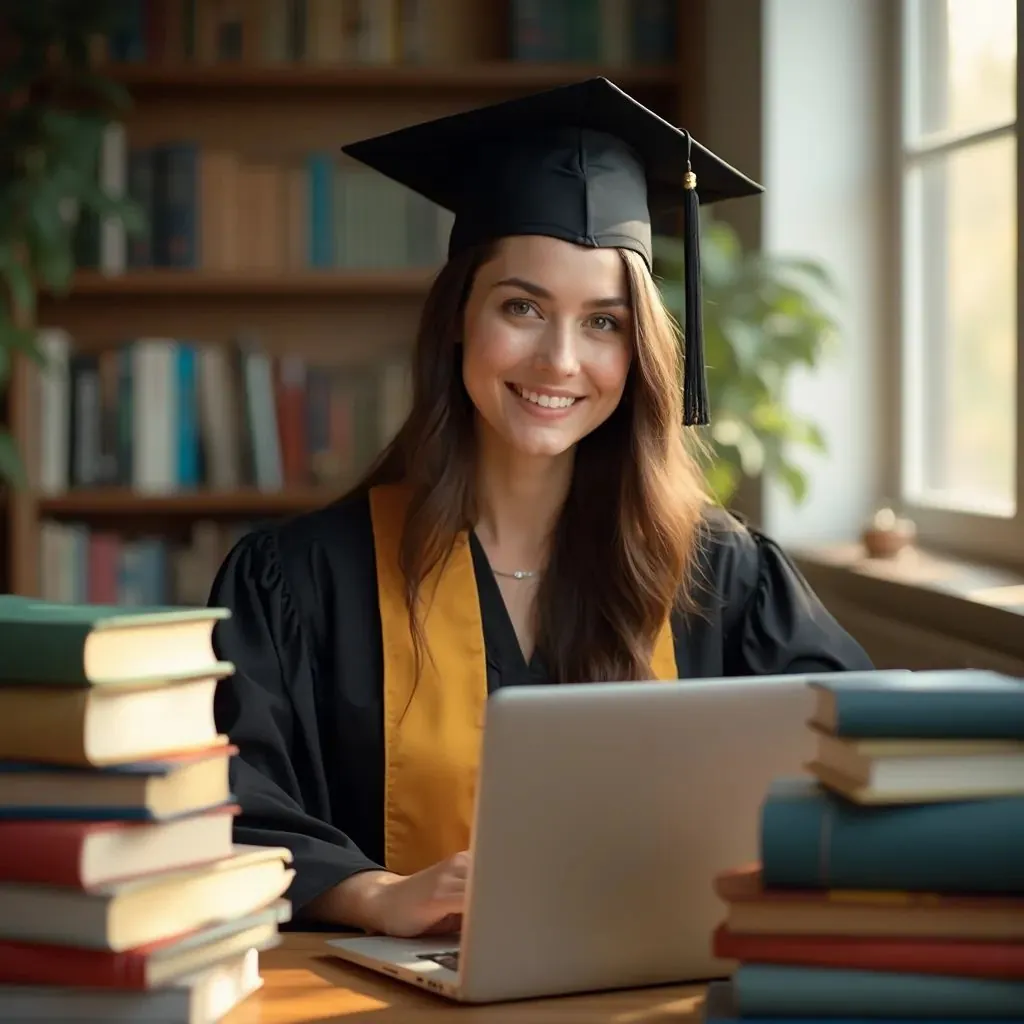  un graduado rodeado de libros y una computadora portátil, simbolizando la dedicación académica y los logros durante sus estudios universitarios