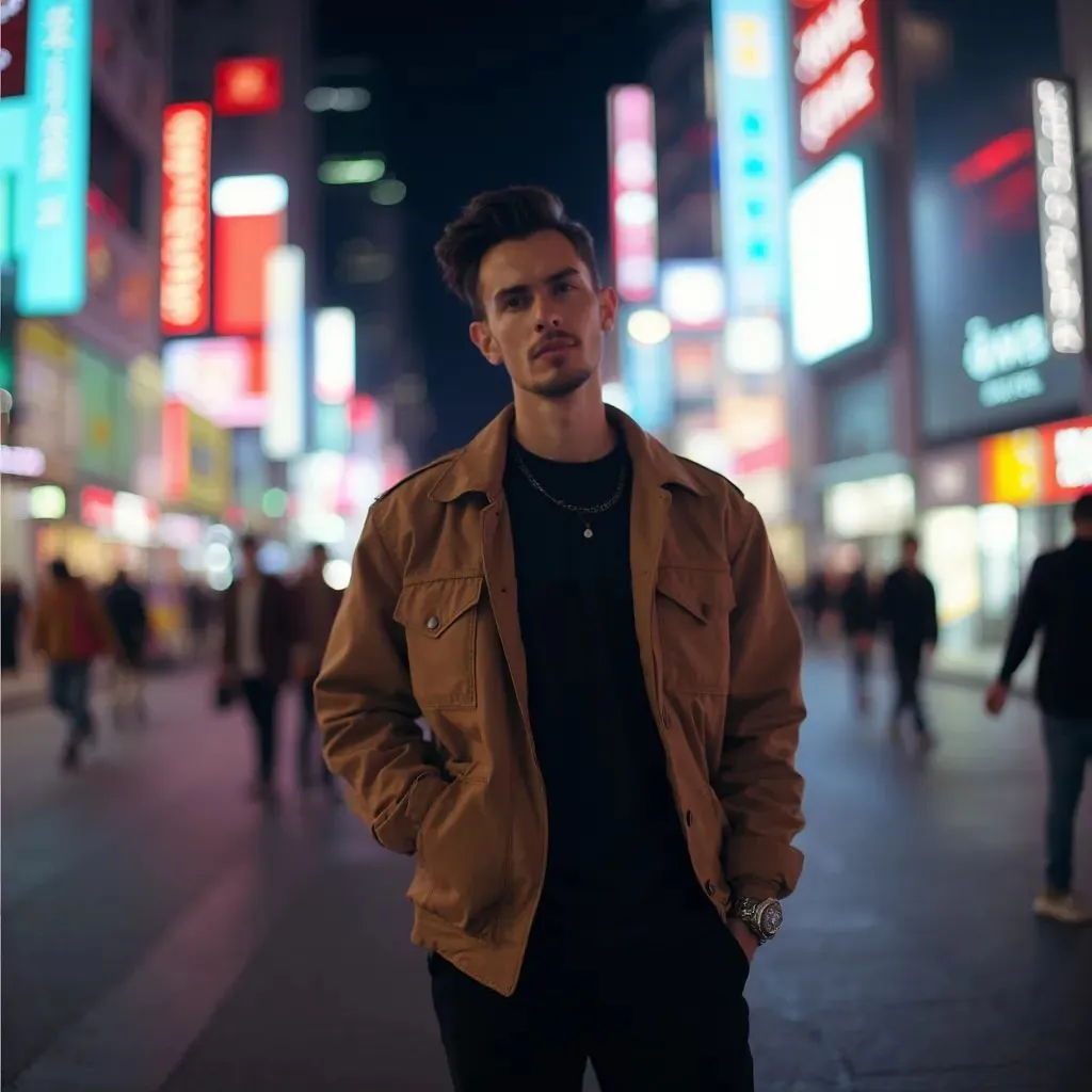  hombre elegante y a la moda en Shanghái vistiendo un conjunto de streetwear contemporáneo, con la Calle Nanjing de fondo