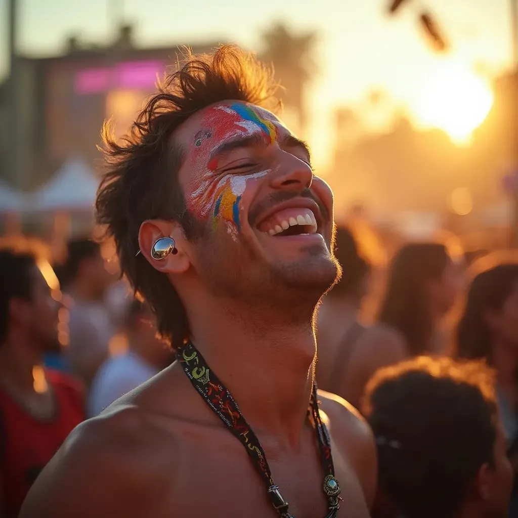  un hombre disfrutando de una actuación en vivo en un día soleado, con un audaz diseño de pintura facial, irradiando la alegría y emoción del festival