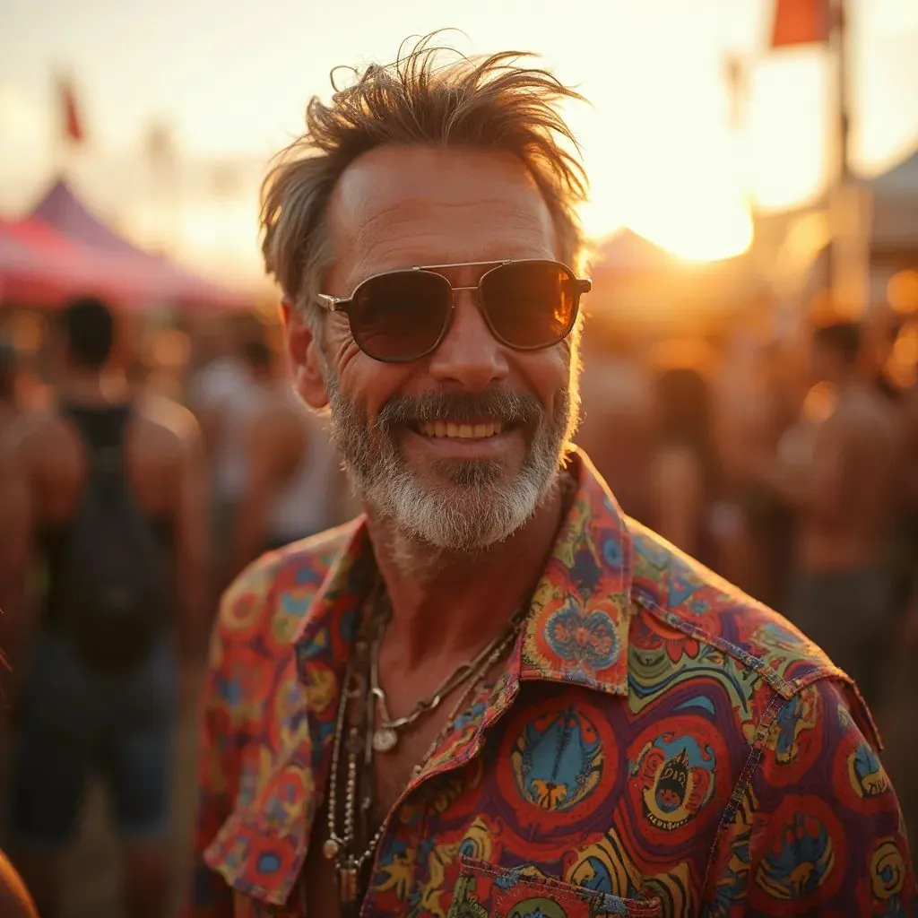  un hombre impresionante con una camisa de botones vibrante y gafas de sol llamativas, capturando su look ecléctico y a la moda en el festival