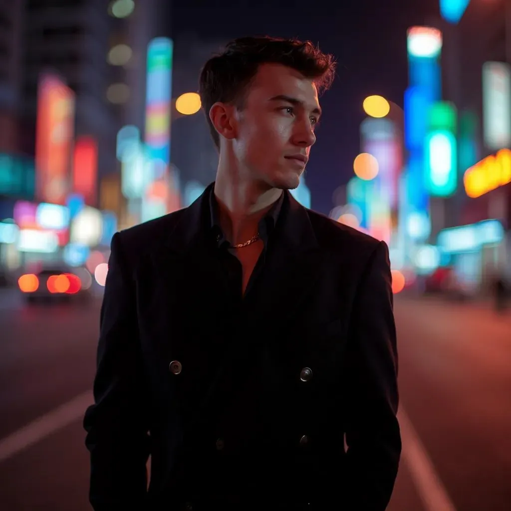  hombre elegante y moderno en Shanghái vistiendo un atuendo contemporáneo de moda callejera, con la carretera de Nanjing al fondo