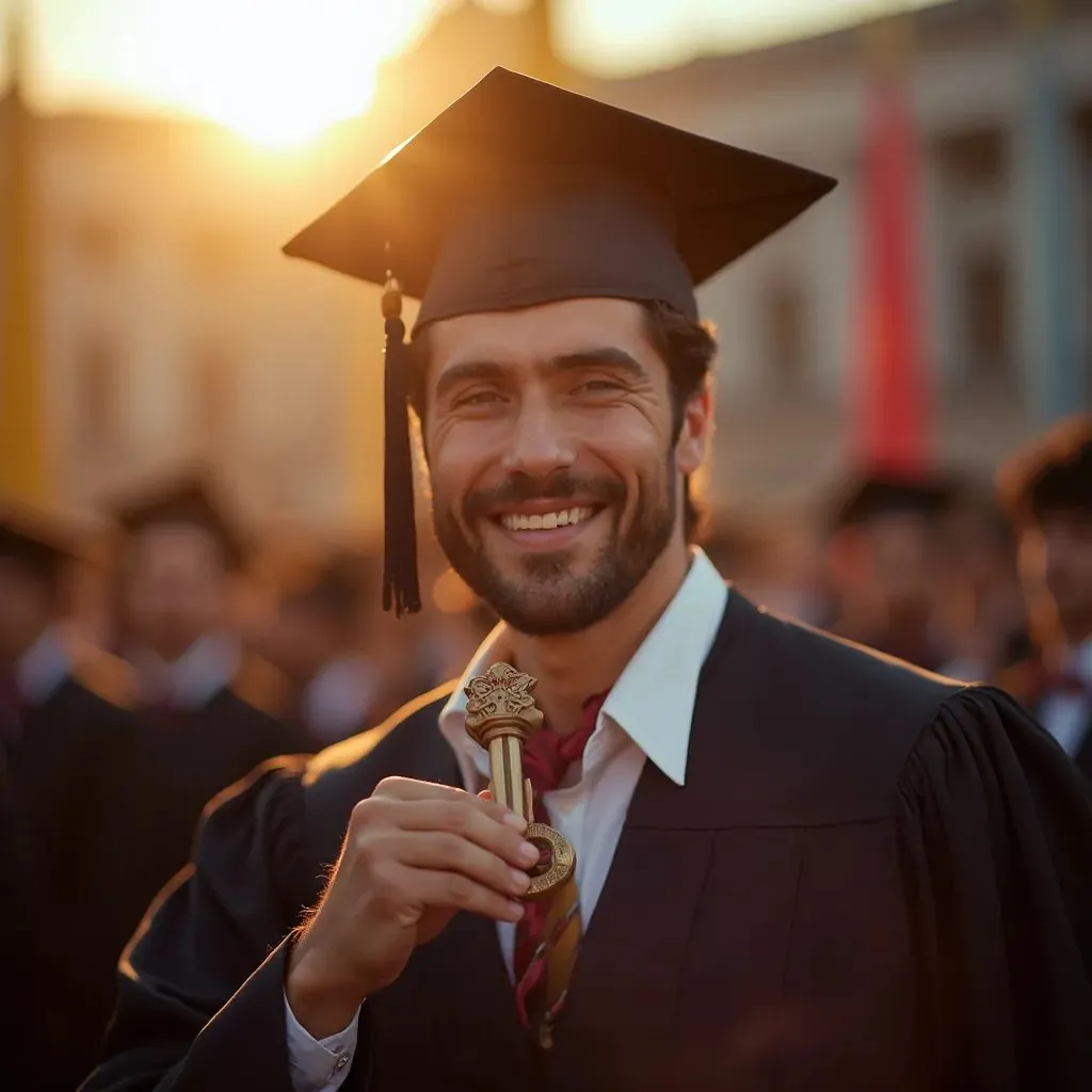  un hombre graduado en su toga académica, sosteniendo una llave o un llavero, representando las puertas de oportunidades que se abren después de la graduación