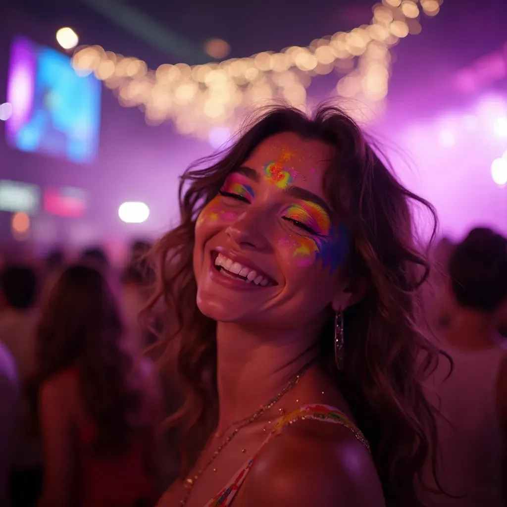  una mujer con un maquillaje colorido de festival, destacándose en la multitud y abrazando la vibrante atmósfera del festival