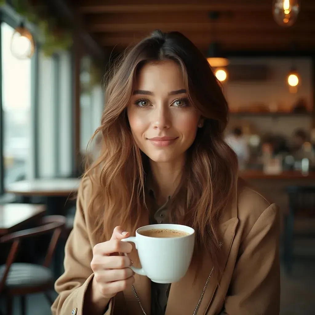  mujer en un café moderno, sosteniendo una taza de café recién preparado