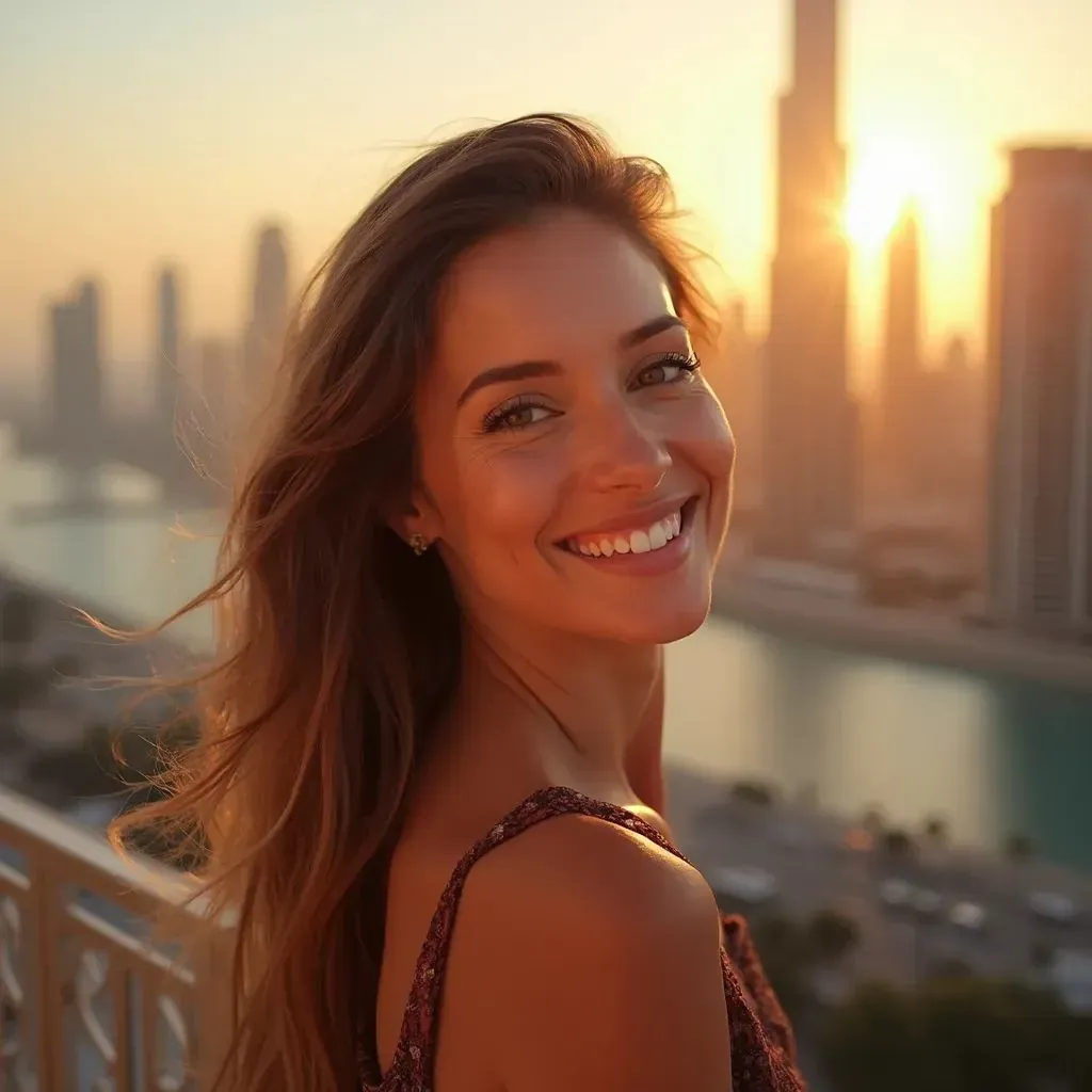 ️ mujer sonriente en Dubái con el horizonte de fondo