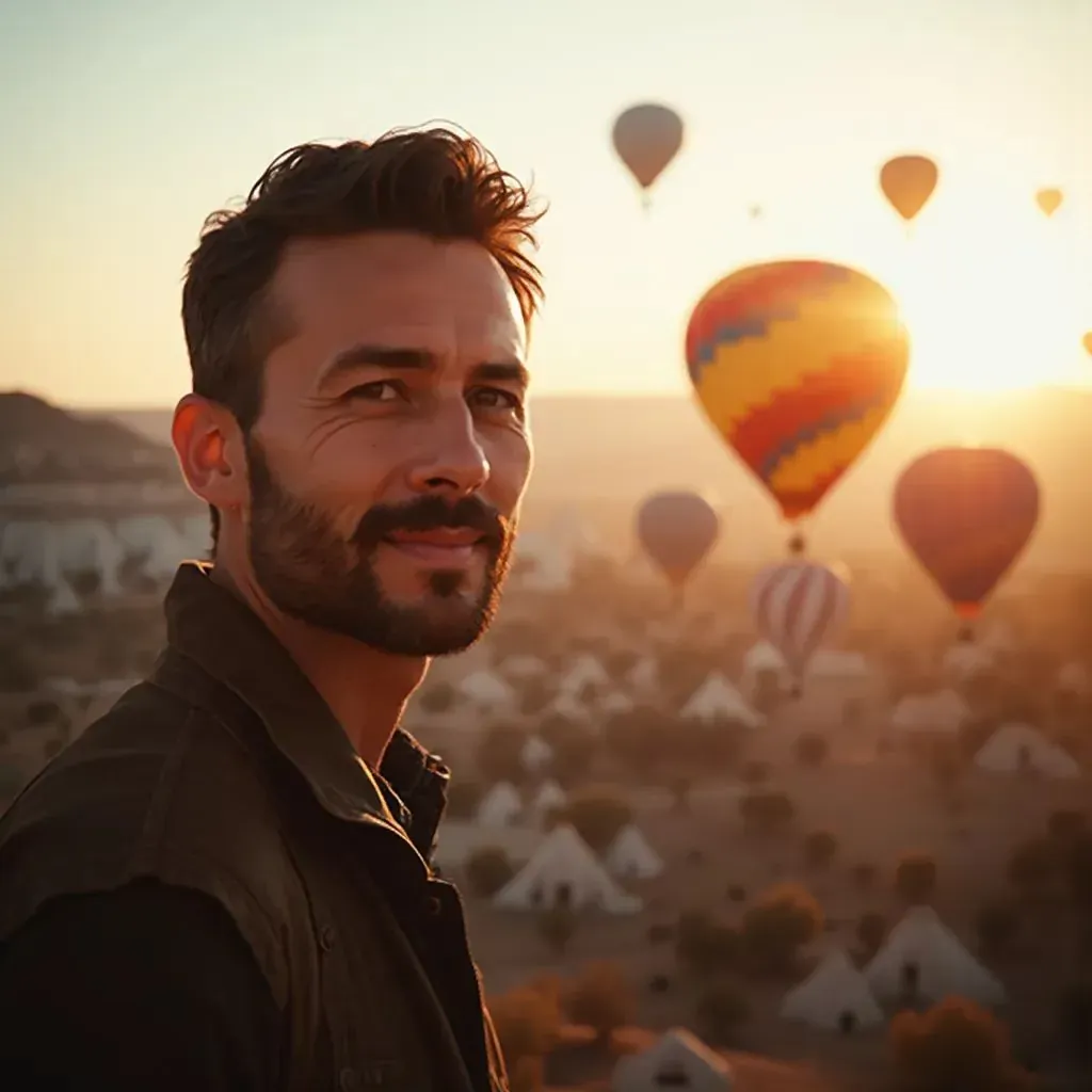 ️ Hombre que quita el aliento con globos aerostáticos de fondo en Capadocia, Turquía.