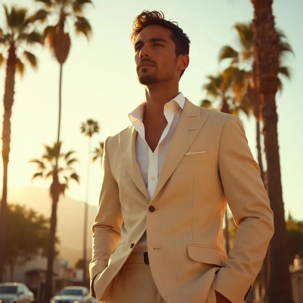  hombre elegante y moderno en Los Ángeles vistiendo un vestido de verano/traje de lino, palmeras de fondo