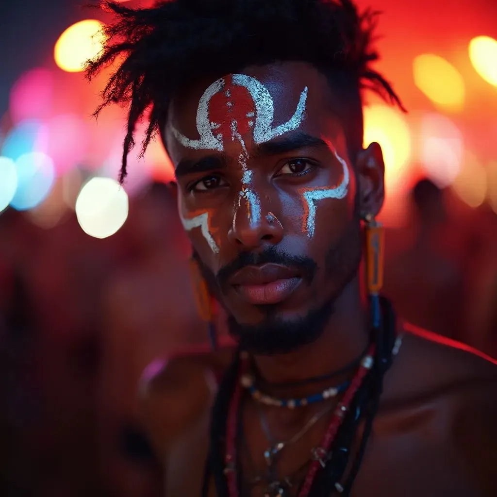  un hombre con un diseño de pintura facial tribal, añadiendo un elemento de inspiración tribal y cultural a su look de festival