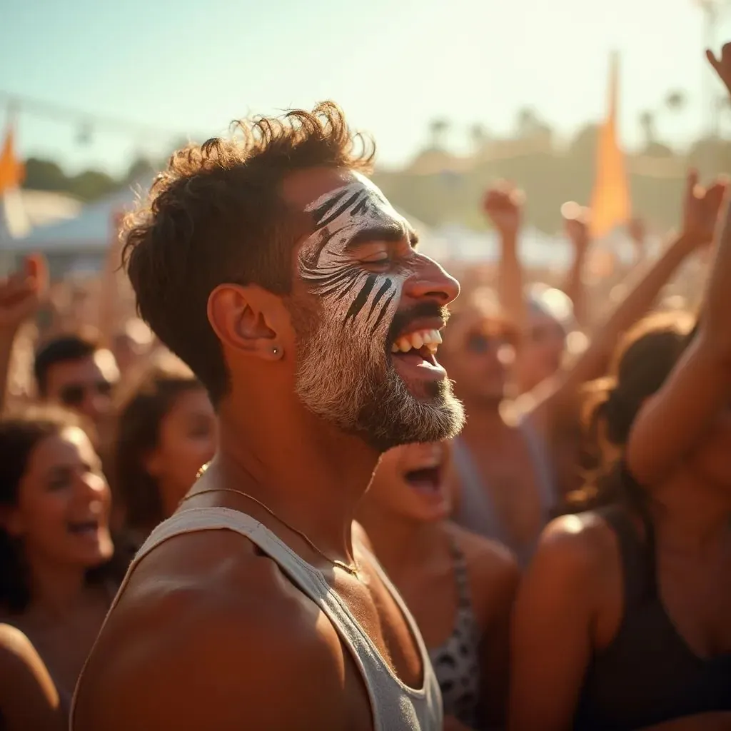  un hombre disfrutando de una actuación en vivo en un día soleado, con un diseño audaz de pintura facial, irradiando la alegría y la emoción del festival