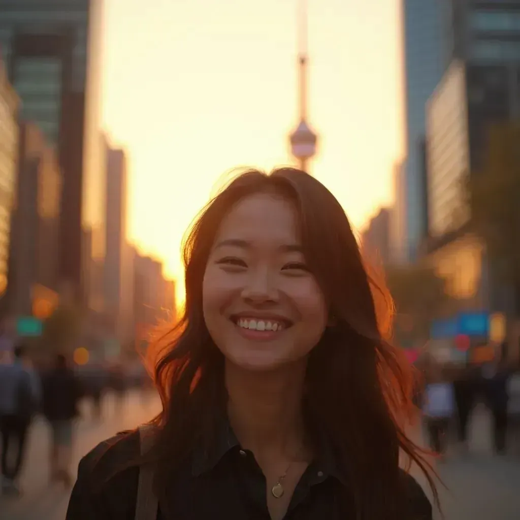 ️ mujer sonriendo en Toronto con la Torre CN de fondo