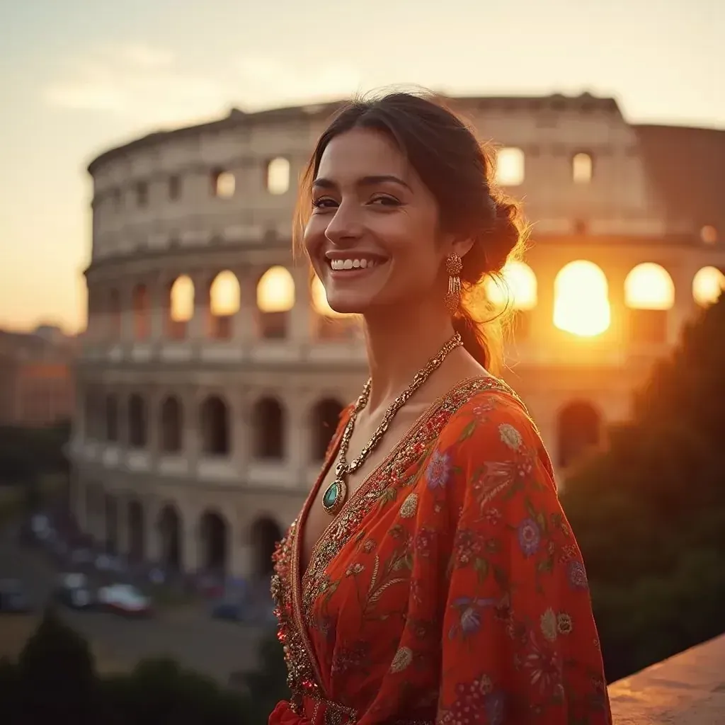 ️ mujer sonriente en Roma con el Coliseo de fondo