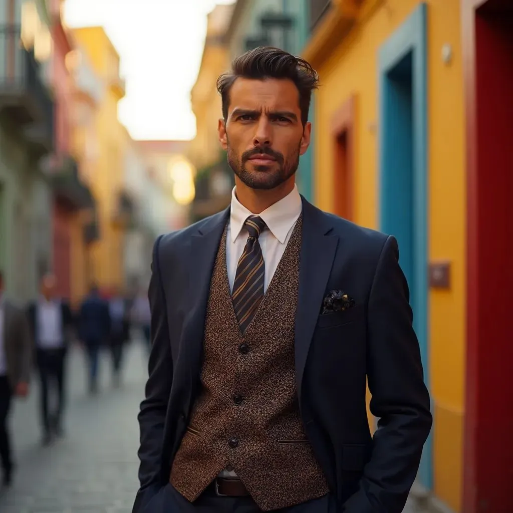  hombre agudo y de moda en Buenos Aires vestido con un traje/inspirado en el tango, casas coloridas del barrio La Boca al fondo