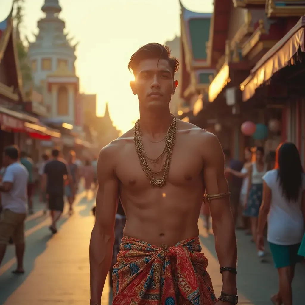  hombre elegante y a la moda en Tailandia que lleva un sarong vibrante, Bangkok de fondo