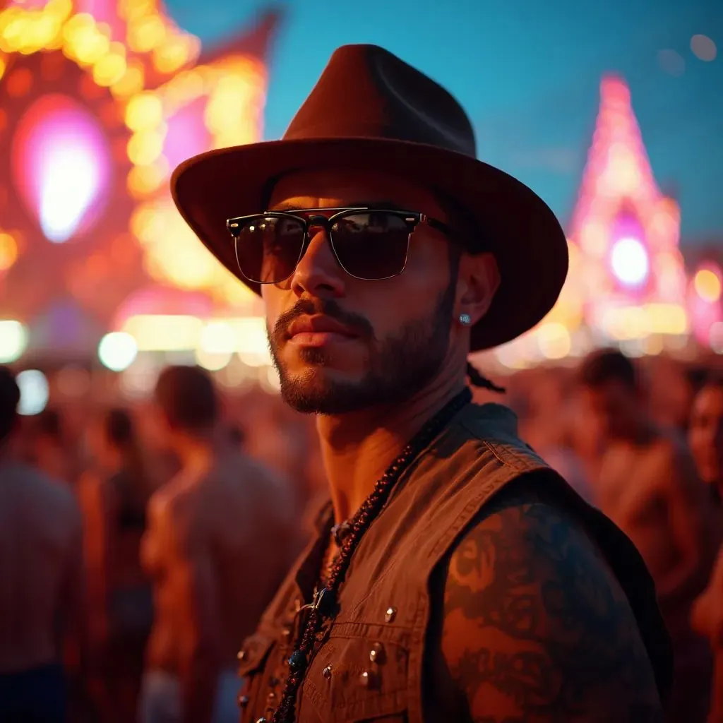  un hombre impresionante con un sombrero elegante y gafas de sol, capturando la esencia de la moda festival y la individualidad