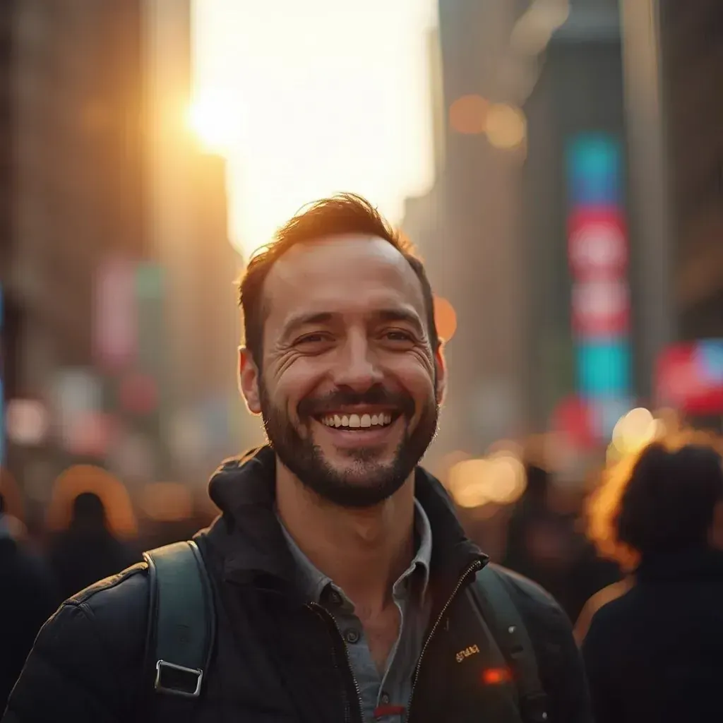 ️ hombre sonriendo en la ciudad de Nueva York con Manhattan de fondo