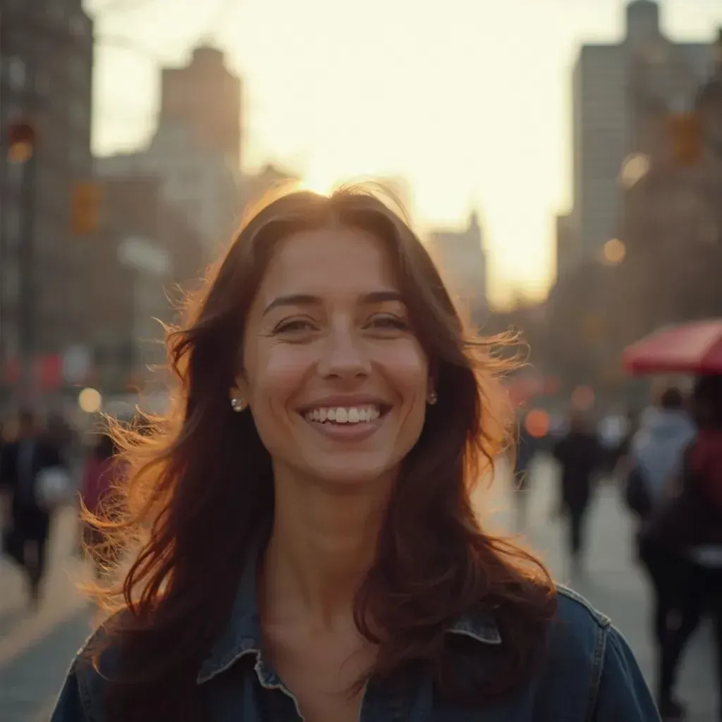 ️ mujer sonriendo en la ciudad de Nueva York con Manhattan de fondo