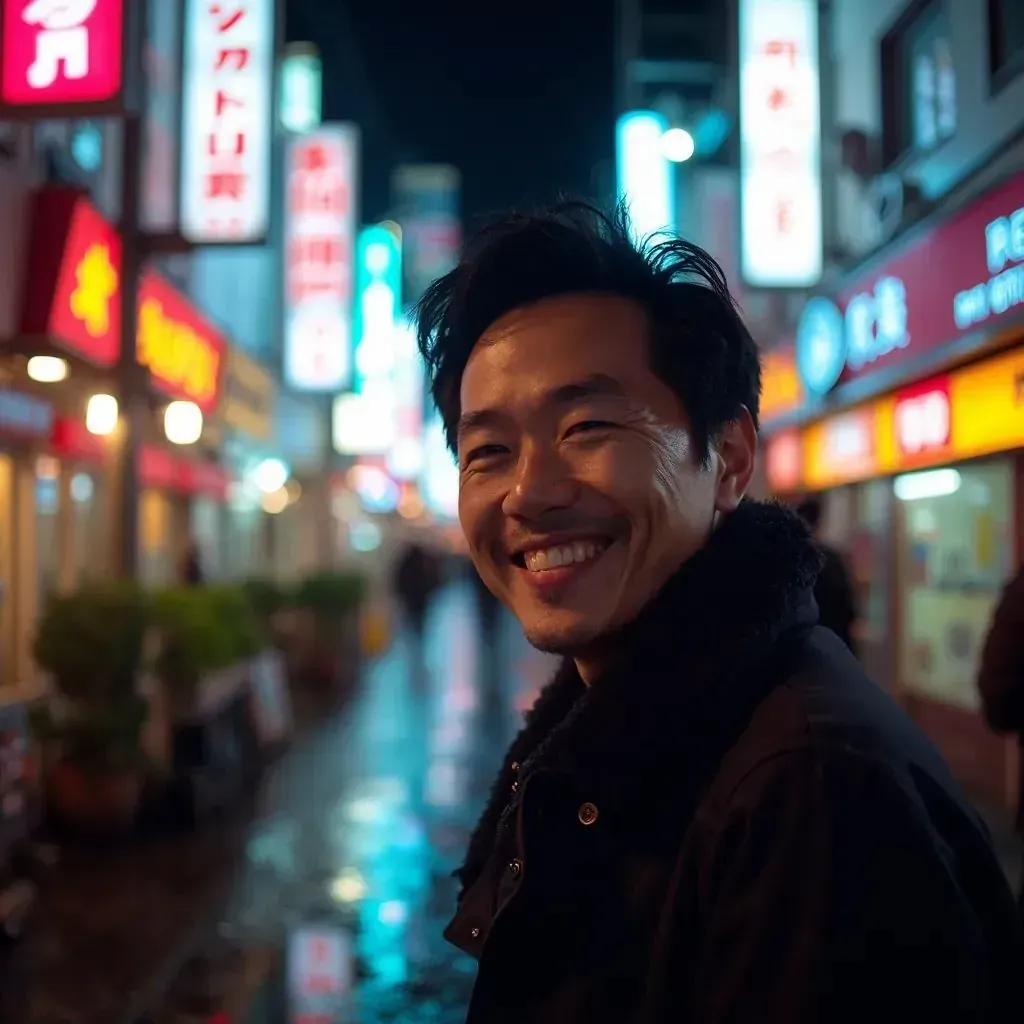 ️ hombre sonriente en Tokio por la noche con luces de neón