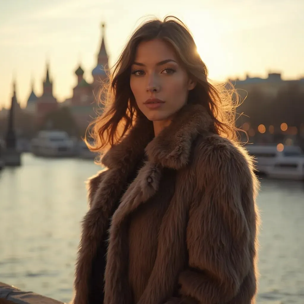  mujer elegante y moderna en Moscú llevando un abrigo de piel sintética, con el Kremlin de fondo