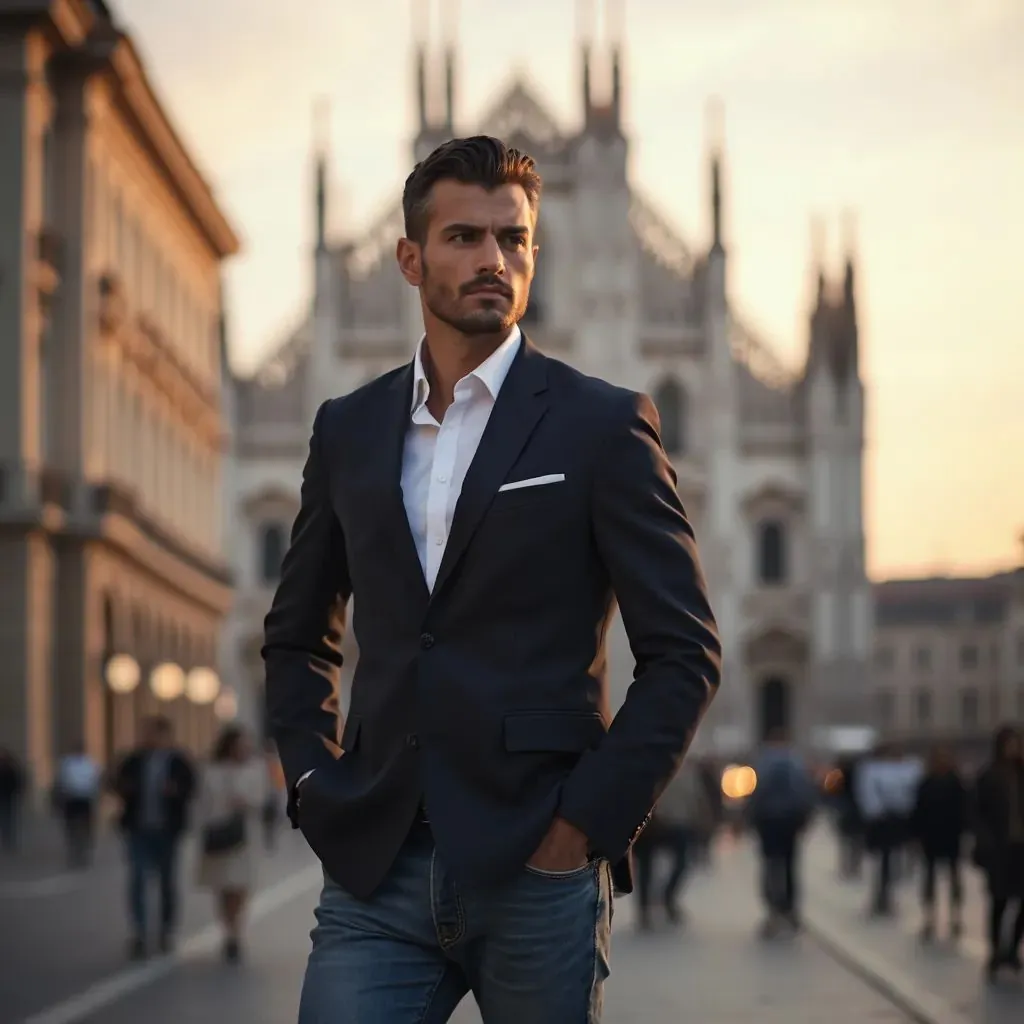  hombre elegante y a la moda en Milán con un blazer moderno y jeans, Duomo di Milano de fondo