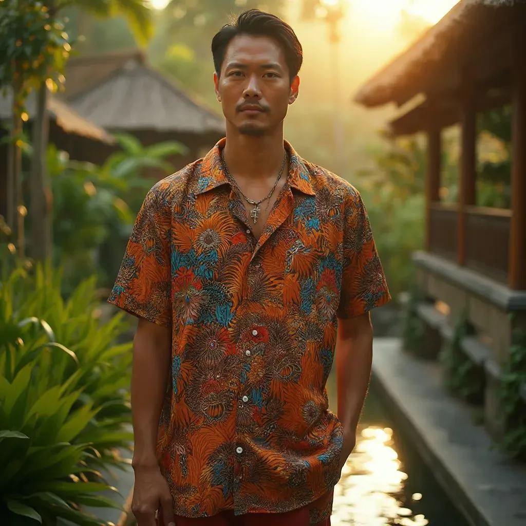  hombre agudo y moderno en Bali vistiendo ropa Batik vibrante, Bali, Indonesia de fondo