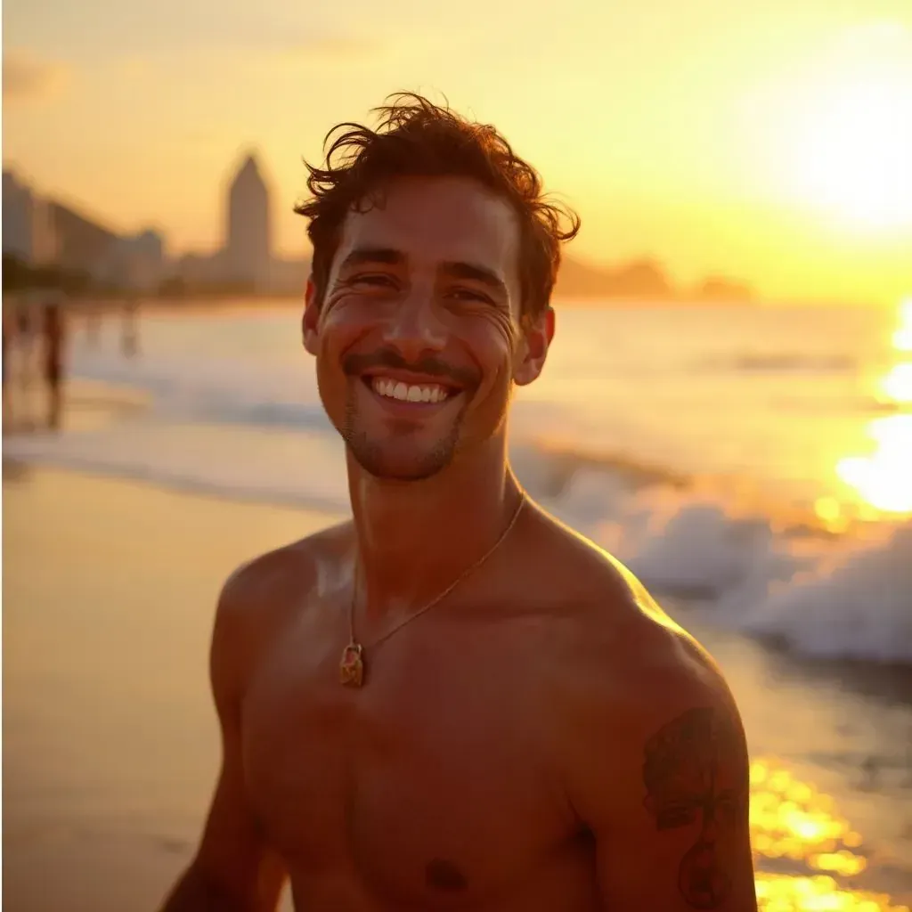 ️ hombre sonriendo en Río de Janeiro en la playa de Ipanema