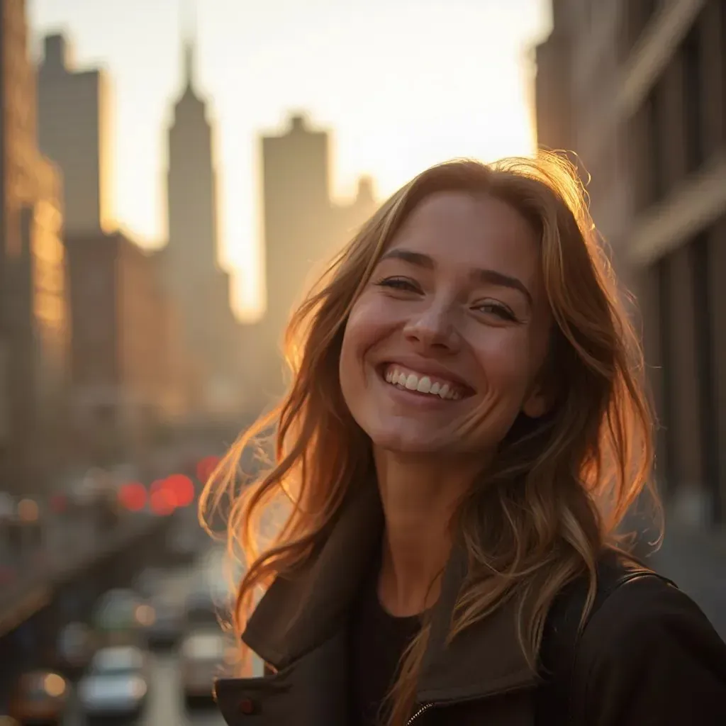 ️ mujer sonriente en la ciudad de Nueva York con Manhattan de fondo