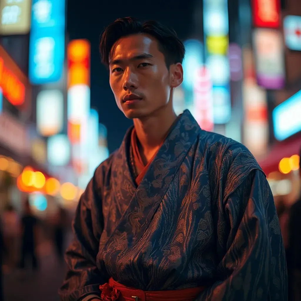  hombre elegante y a la moda en Tokio, vistiendo una versión moderna de un kimono tradicional, con luces de neón de la ciudad de fondo