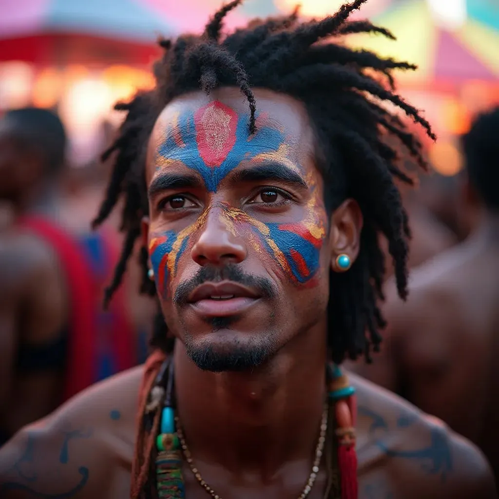  un hombre con un diseño de pintura facial tribal, añadiendo un elemento de inspiración tribal y cultural a su look de festival