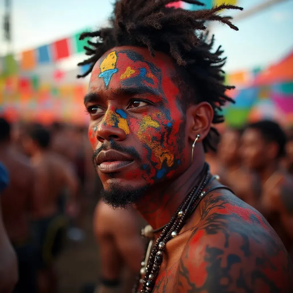  un hombre con un diseño de pintura facial tribal, añadiendo un elemento de inspiración tribal y cultural a su look de festival