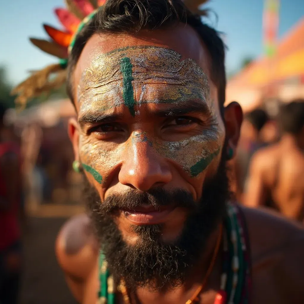  un hombre con un diseño de pintura facial tribal, agregando un elemento de inspiración tribal y cultural a su look de festival