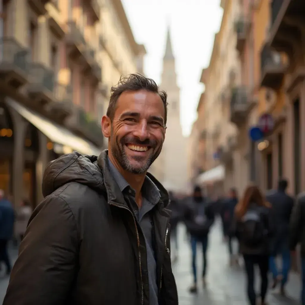 ️ hombre sonriendo en el centro de Milán, Italia