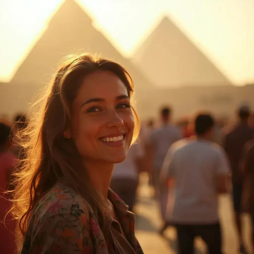 ️ mujer sonriente en El Cairo con las Pirámides de Güiza al fondo