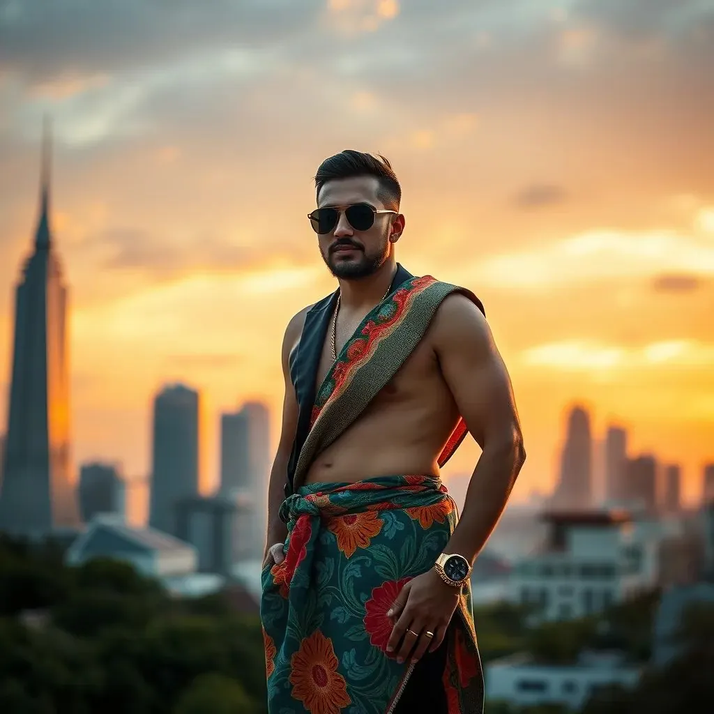 hombre elegante y a la moda en Tailandia vistiendo un vibrante sarong, Bangkok de fondo