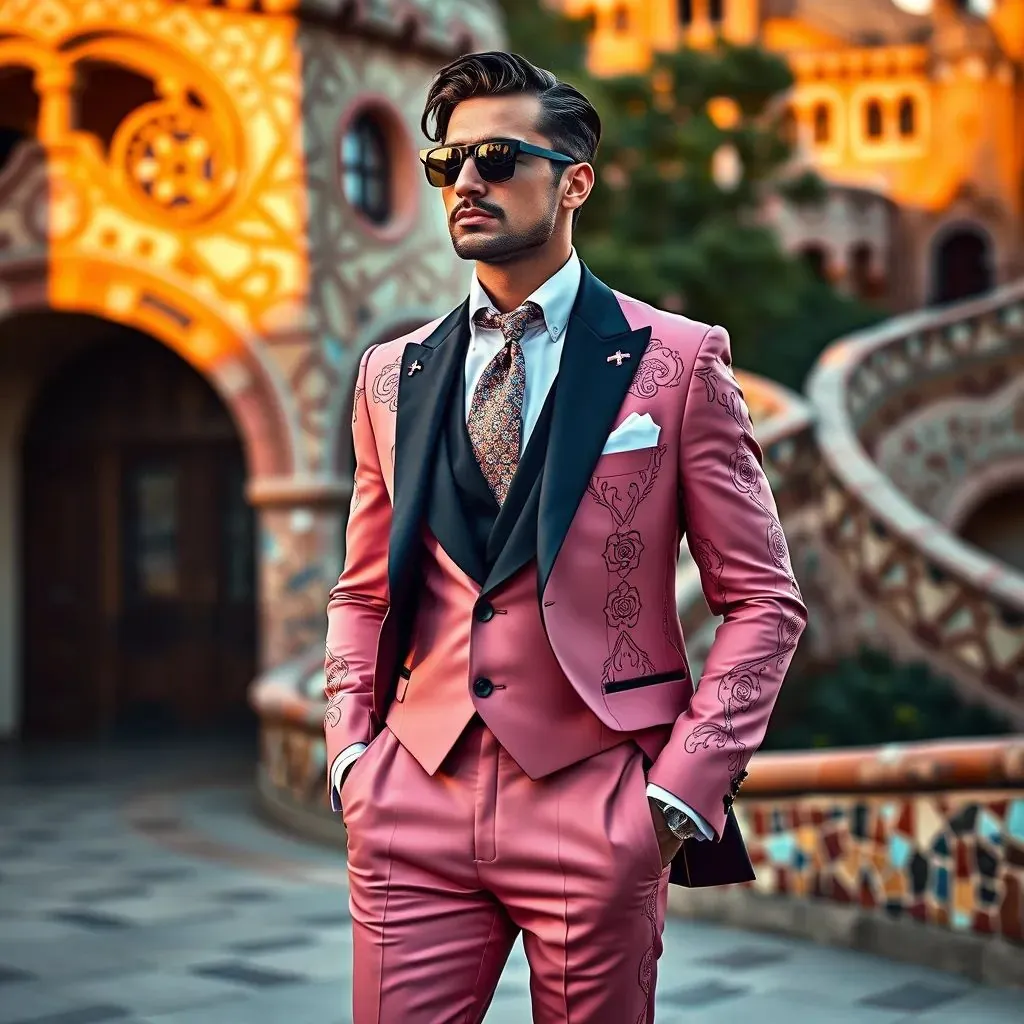 hombre elegante y a la moda en Barcelona vestido con un traje/inspiración flamenca, Parque Güell de fondo