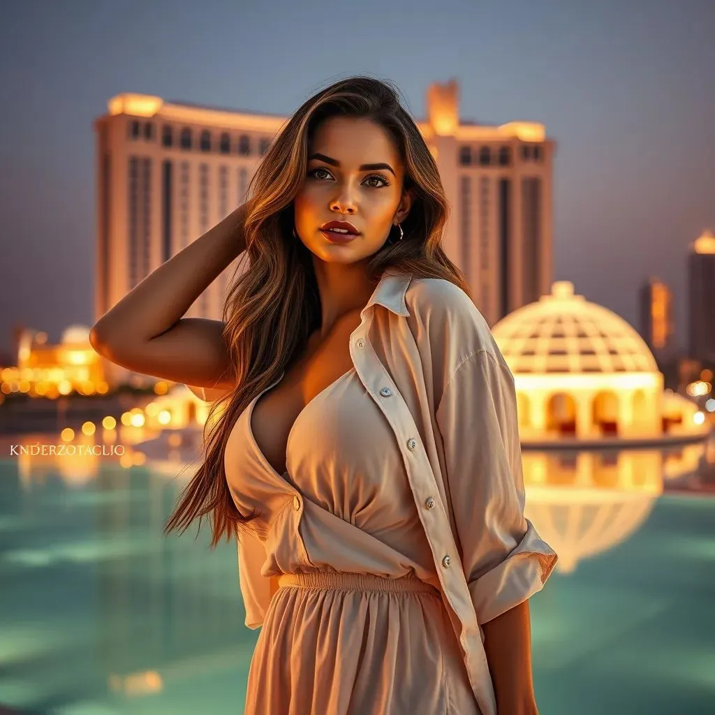 mujer elegante y chic en Dubái con un vestido de verano/ camisa de lino elegante, el hotel Atlantis al fondo