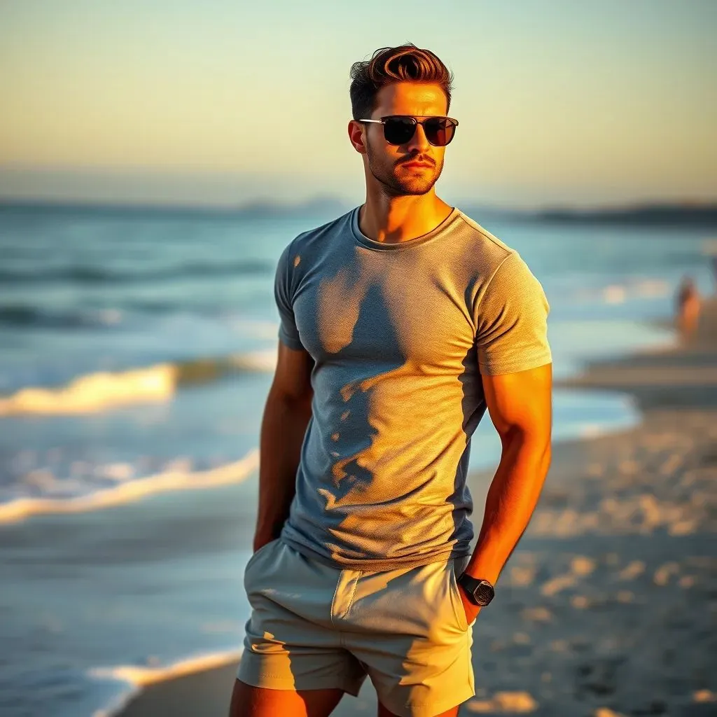 hombre elegante y moderno en Sídney que lleva un vestido de verano/shorts y camiseta, con Bondi Beach de fondo