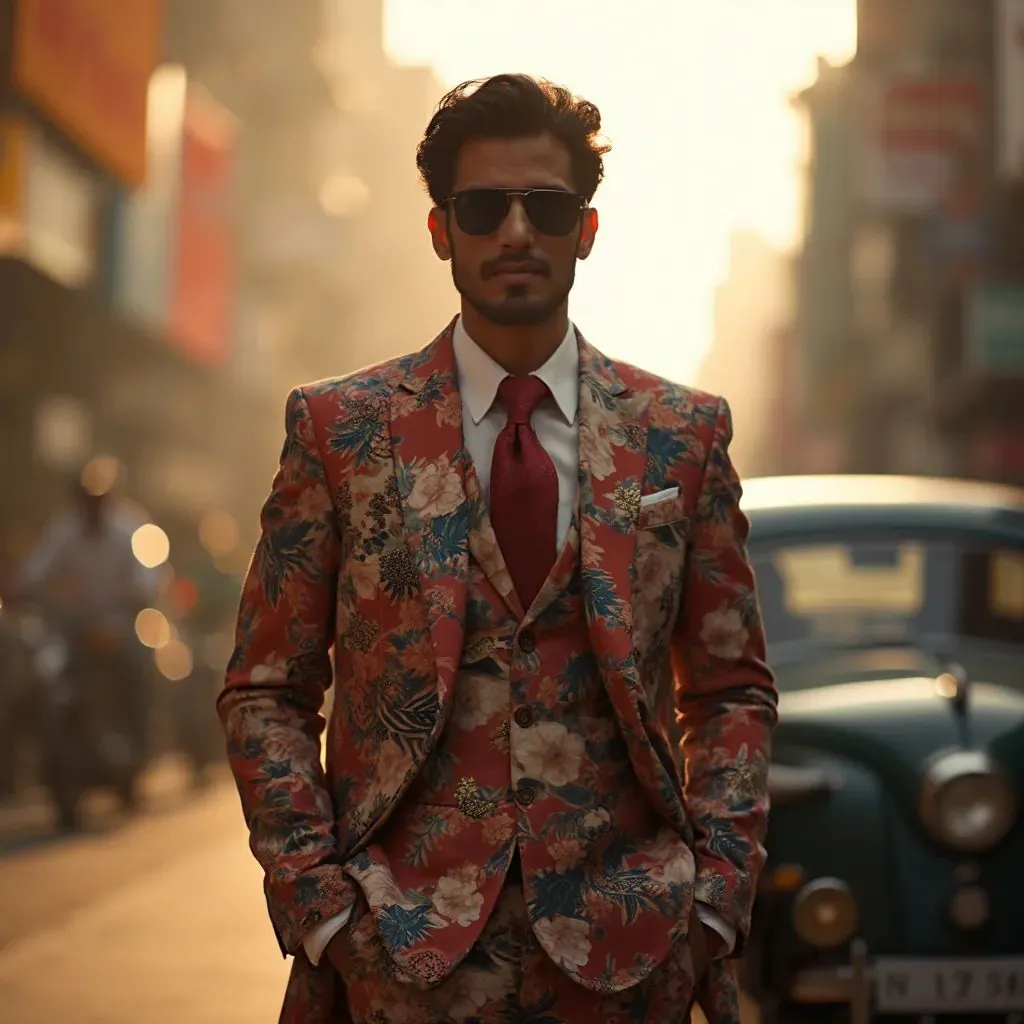  hombre afilado y a la moda en Mumbai vistiendo un atuendo contemporáneo de fusión, calles bulliciosas de Mumbai de fondo