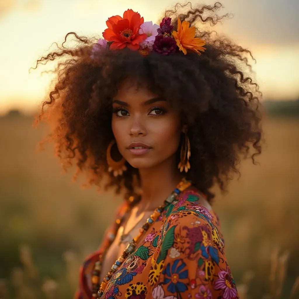  una mujer impresionante con cabello rizado y fluido y accesorios de flores, capturando la esencia de la moda festival y la individualidad