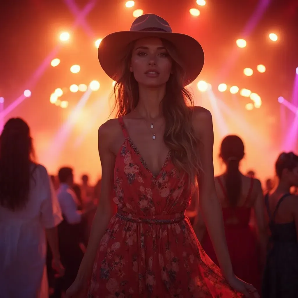  una mujer en un mono bohemio y un sombrero de ala ancha, posando frente a un telón de fondo de escenario, capturando la emoción de un festival de música