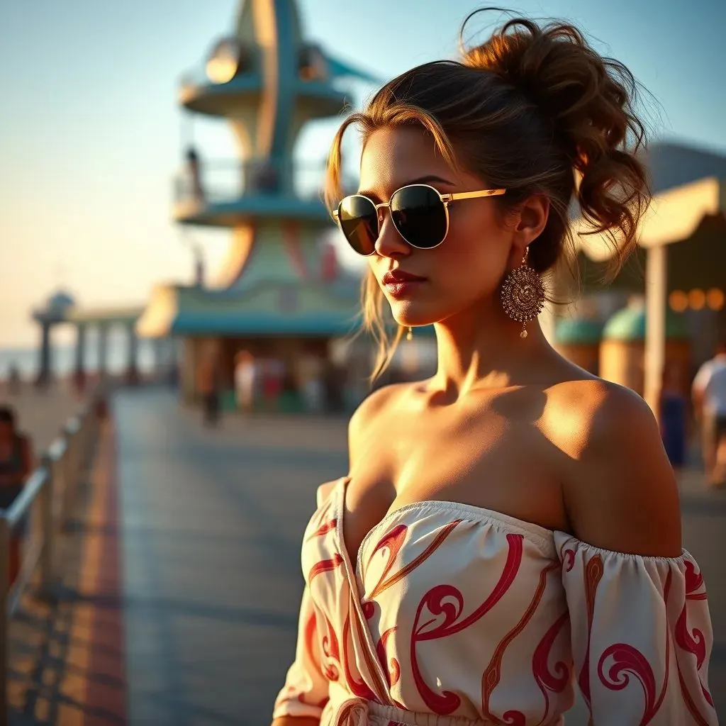 mujer elegante y chic en Los Ángeles vistiendo un atuendo de playa a la moda, con el muelle de Santa Mónica de fondo