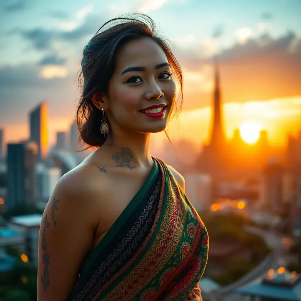 mujer elegante y chic en Tailandia vistiendo un sarong vibrante, Bangkok de fondo