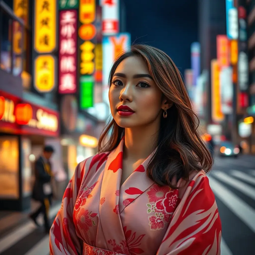 mujer elegante y chic en Tokio vistiendo una interpretación moderna de un kimono tradicional, luces de neón de la ciudad de fondo