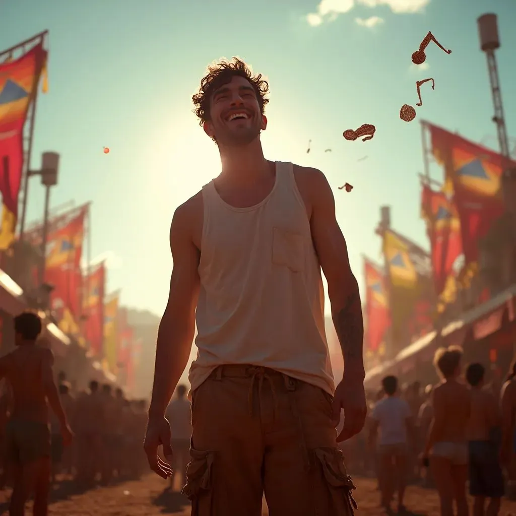  un hombre en una camiseta sin mangas y pantalones cargo, que encarna la naturaleza libre y despreocupada de un festival de música