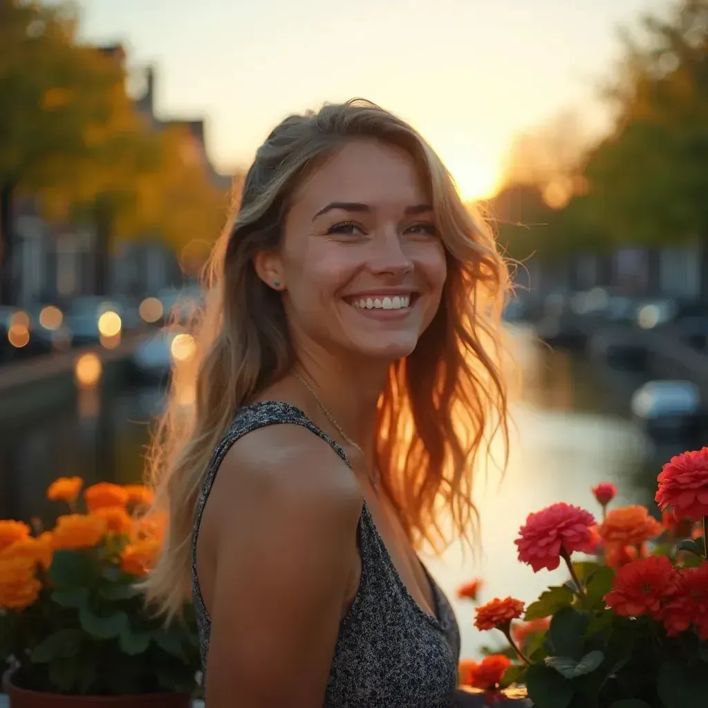 ️ mujer sonriendo en Ámsterdam con los canales de Ámsterdam de fondo