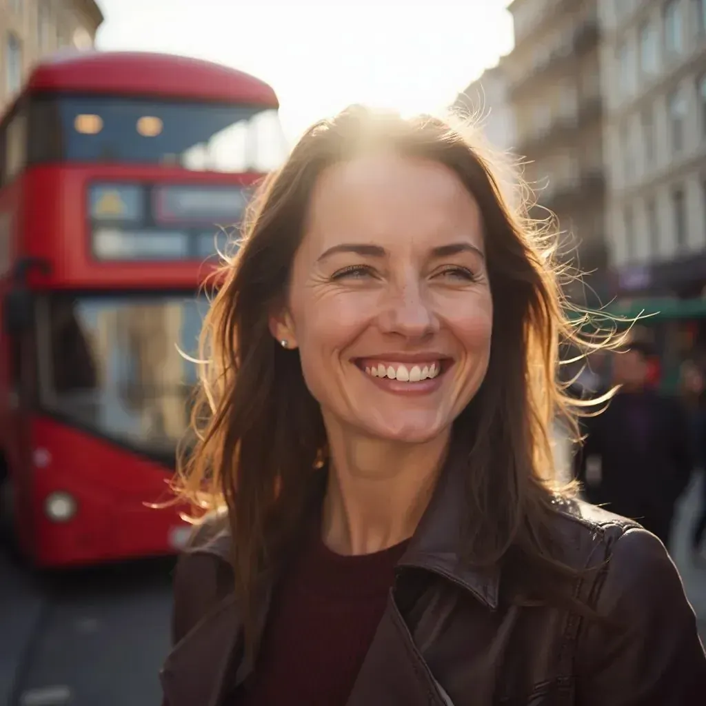 ️ mujer sonriente en Londres con autobús de dos pisos de fondo